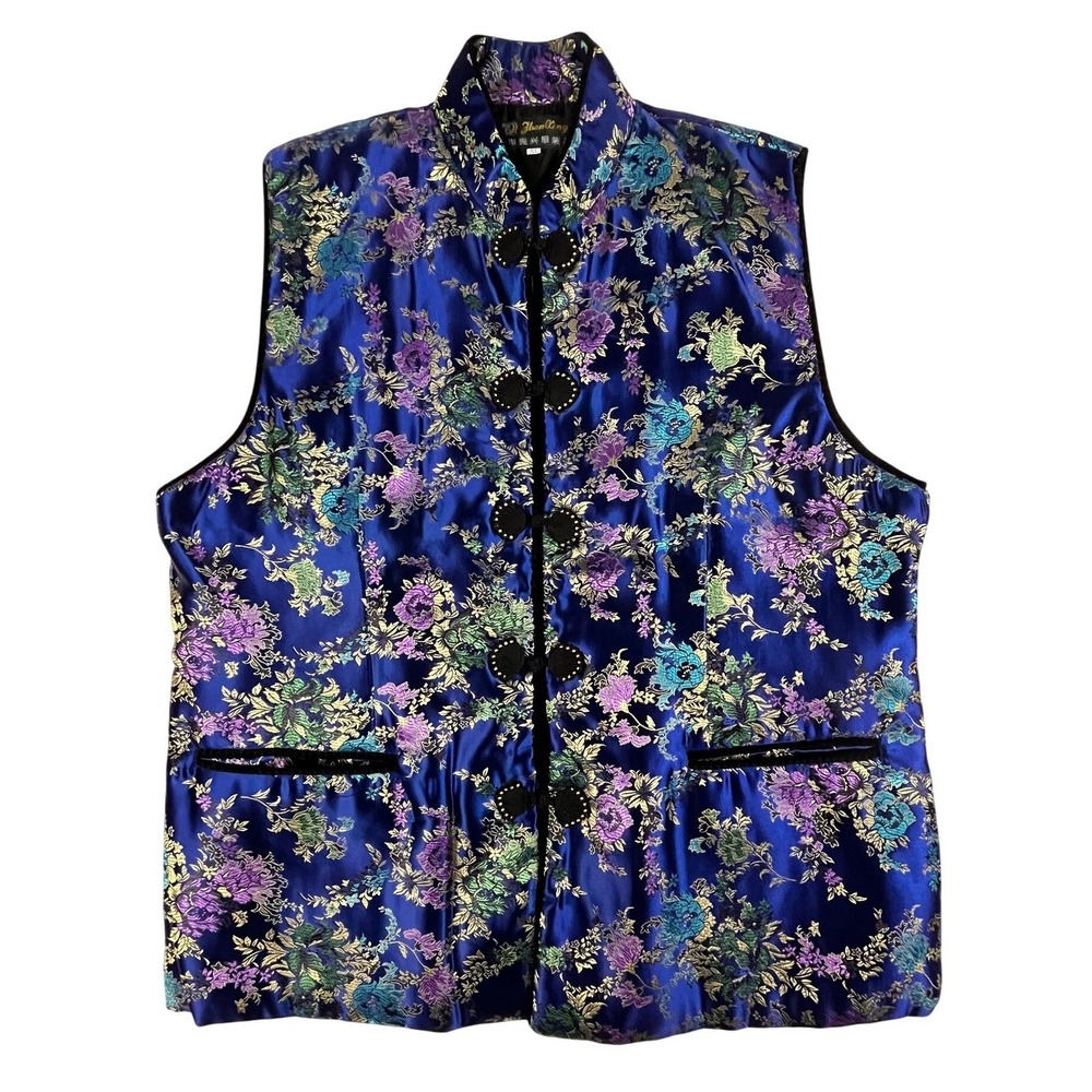 ZhenXing Blue Floral Brocade Mandarin Collar Frog Button Vest XL Women Sleeveles